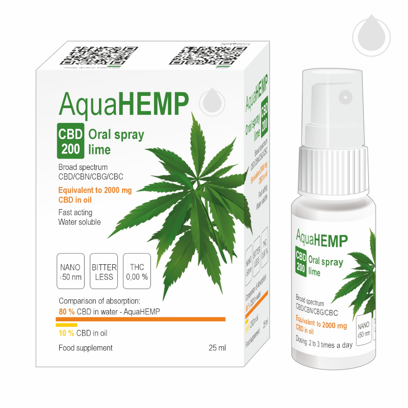 AquaHEMP CBD 200 Oral spray broad spectrum 25 ml 250 mg nano kanabinoidů